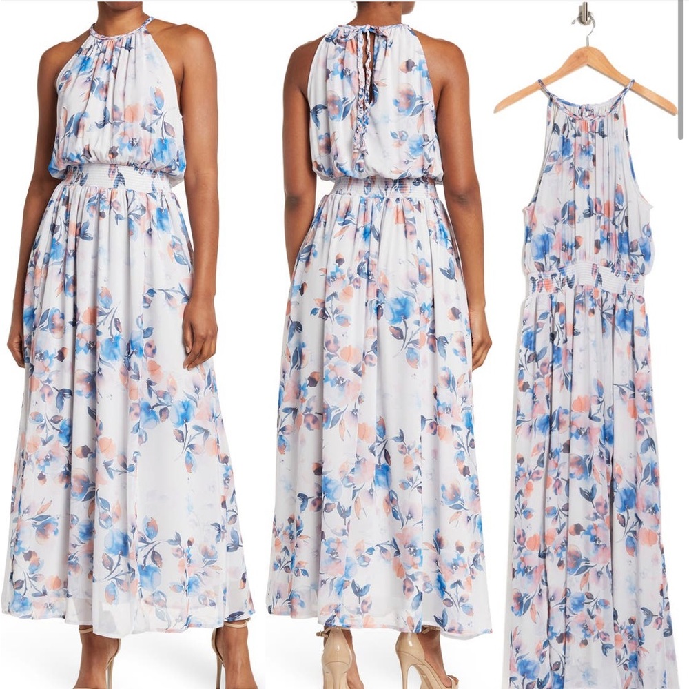 Flowy Watercolor Flower Halter Neck Maxi Dress